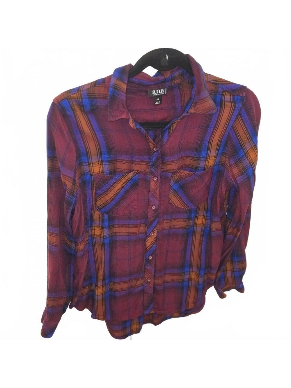 Rust Burgundy Plaid Button Down Rayon Shirt a.n.a Size S Petite